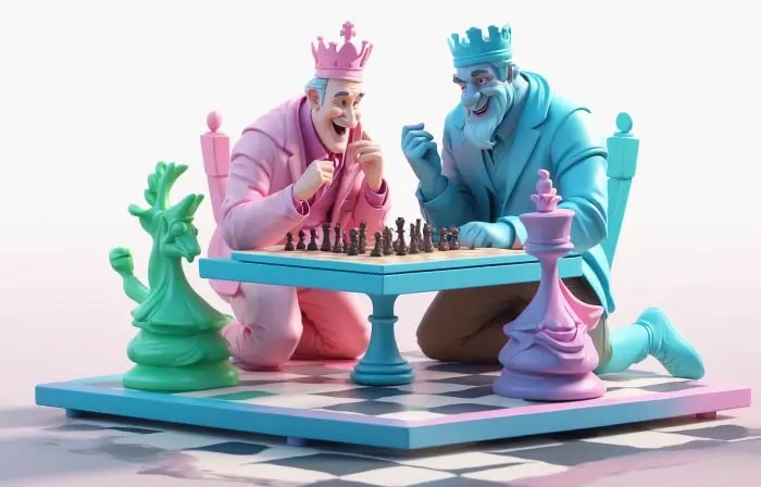 Royal Kings Playing Chess 3D Character Design Illustration